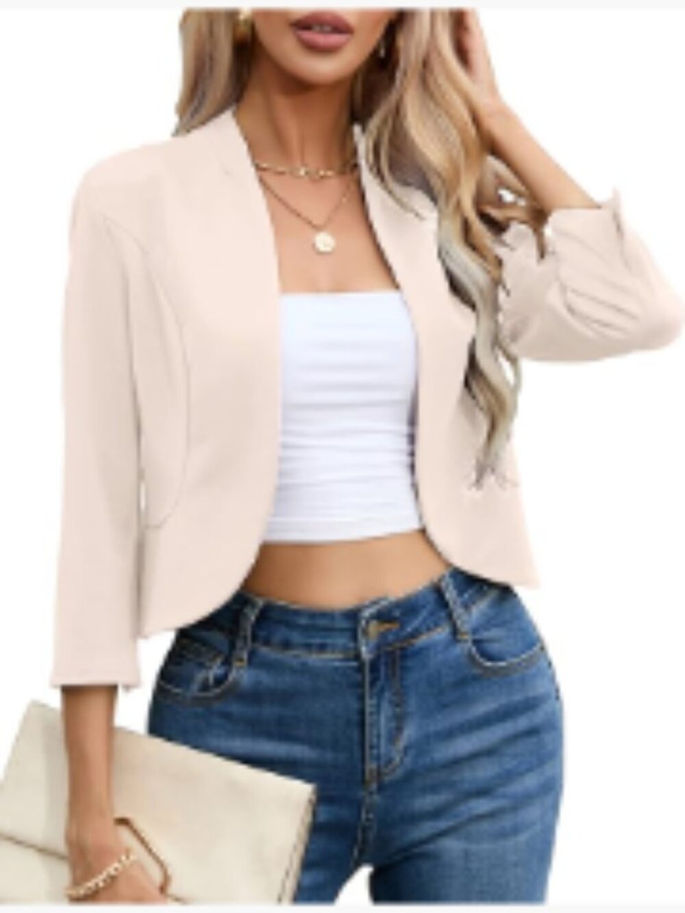 Cropped Blazer 3/4 Sleeve Collarless Open Front Cardigan Shrug